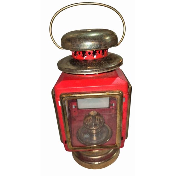 Vintage Red & Brass Miniature Kerosene Lantern With Glass Panels - Picture 1 of 11